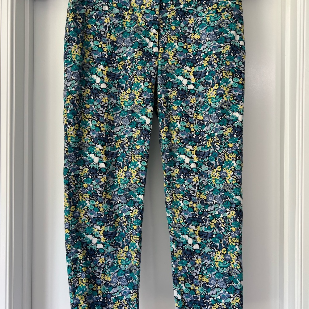 LOFT Blue and Green Ankle Cropped Pants Vibrant Floral Design